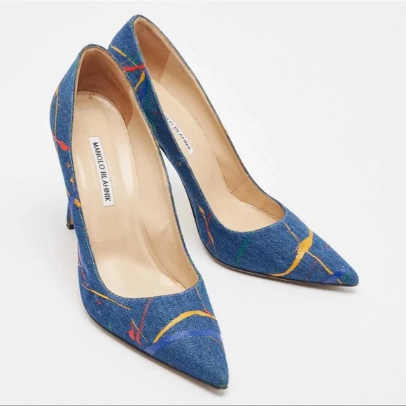 Manolo Blahnik Denim Paint-Splatter Pumps, Size 42 - Picture 8 of 9